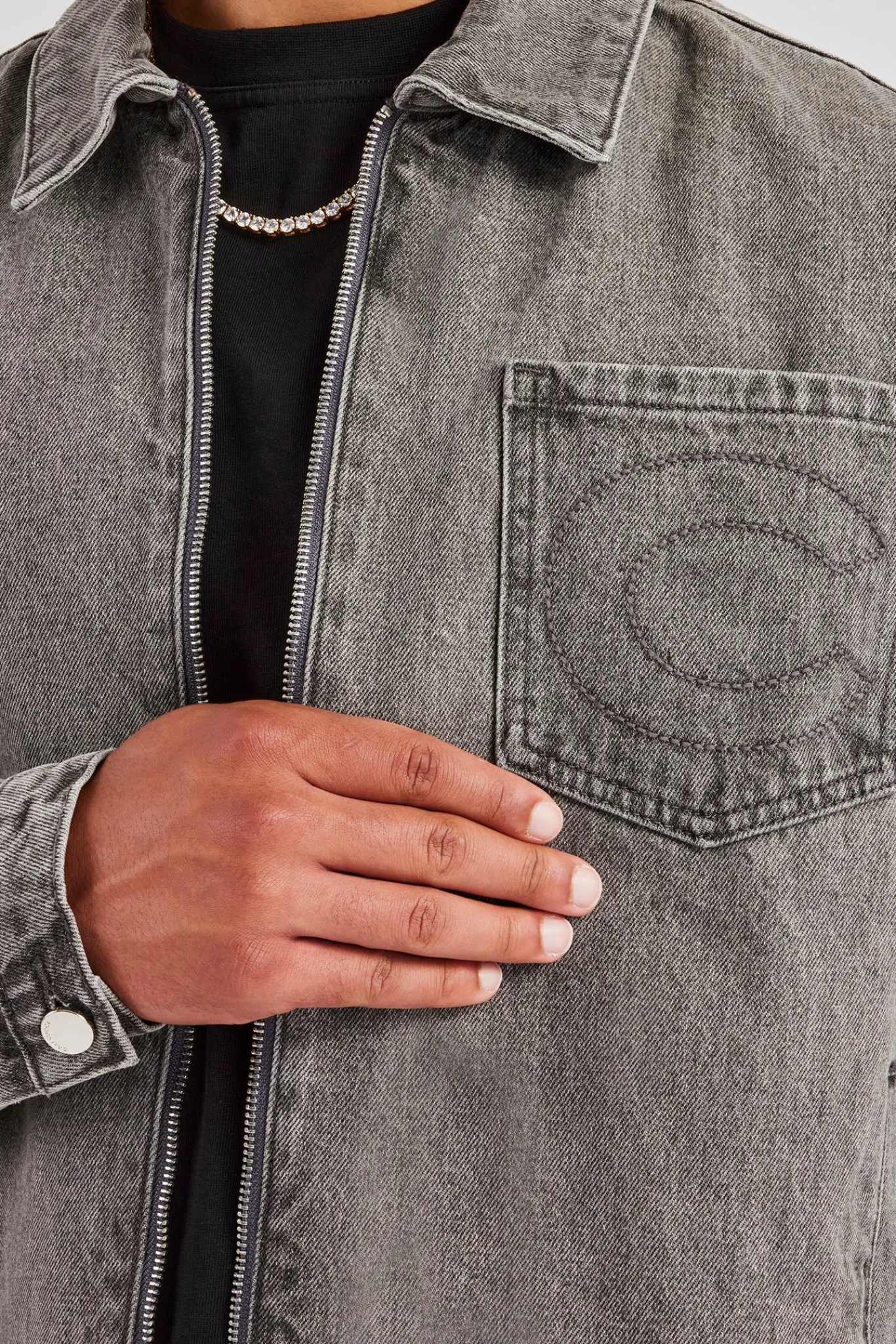 CLO-SET-DEN Washed Denim Harrington Jacket & Turn Up Baggy Jean - Washed Grey
