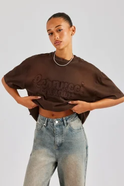Women CLO-TOP-TEE Washed Embroidered Body T-Shirt - Brown