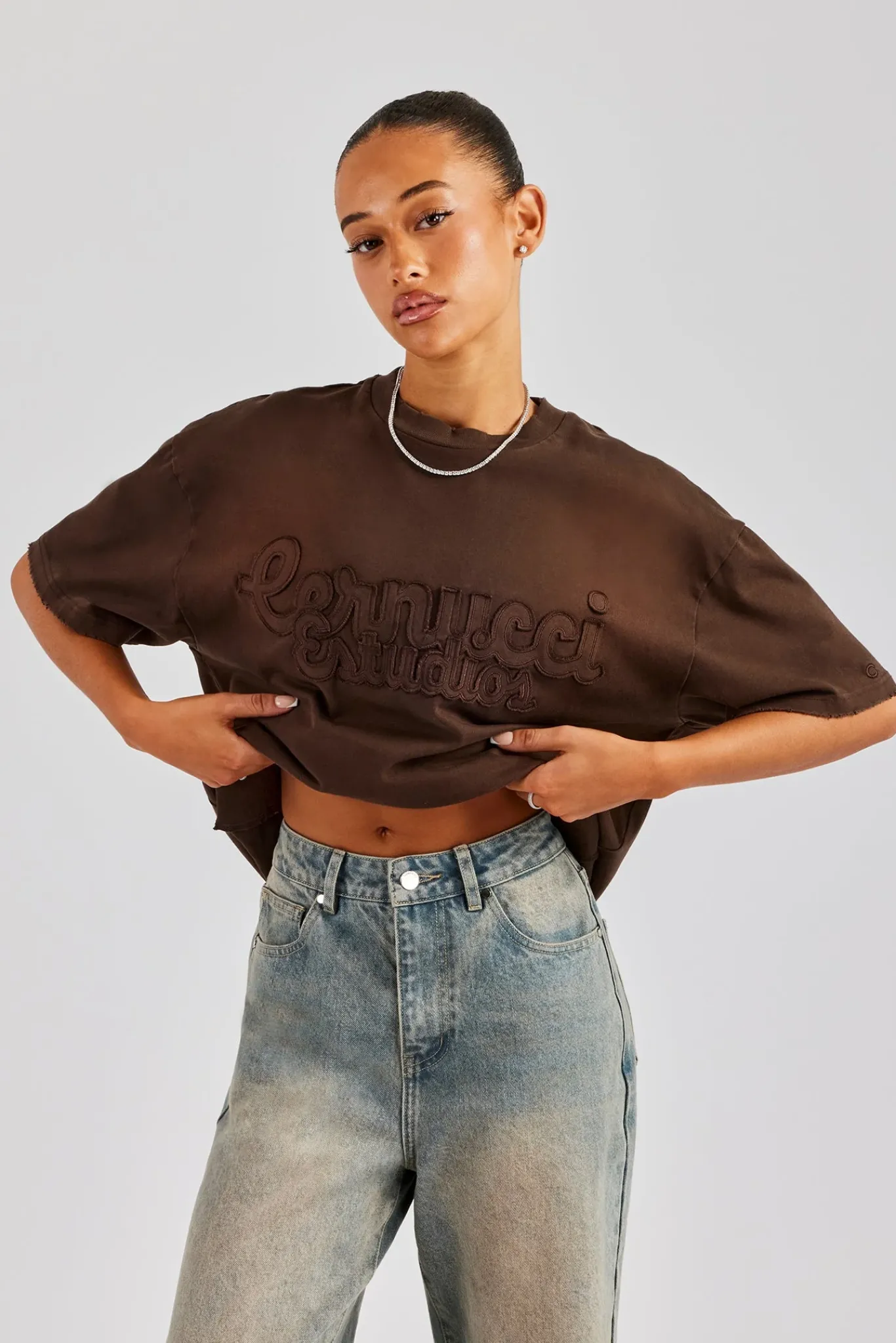 Women CLO-TOP-TEE Washed Embroidered Body T-Shirt - Brown