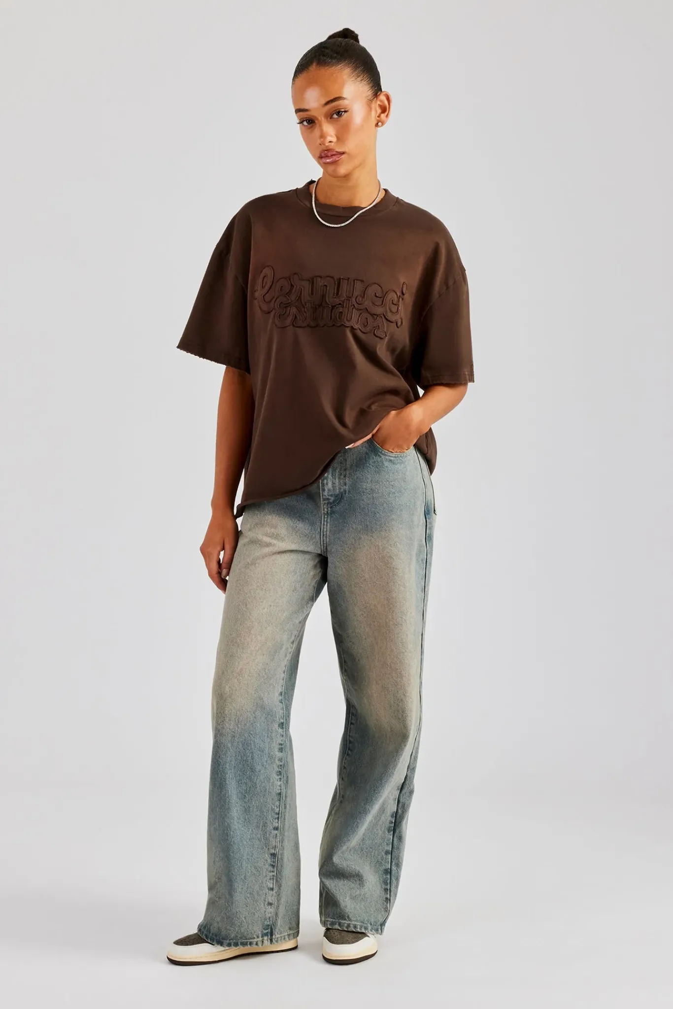 Women CLO-TOP-TEE Washed Embroidered Body T-Shirt - Brown