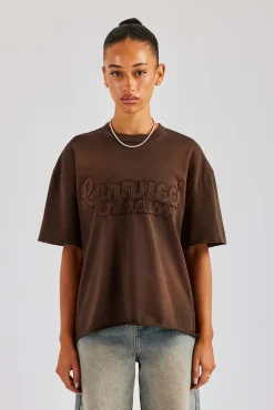 Women CLO-TOP-TEE Washed Embroidered Body T-Shirt - Brown