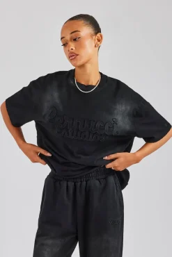 Women CLO-TOP-TEE Washed Embroidered Body T-Shirt - Black