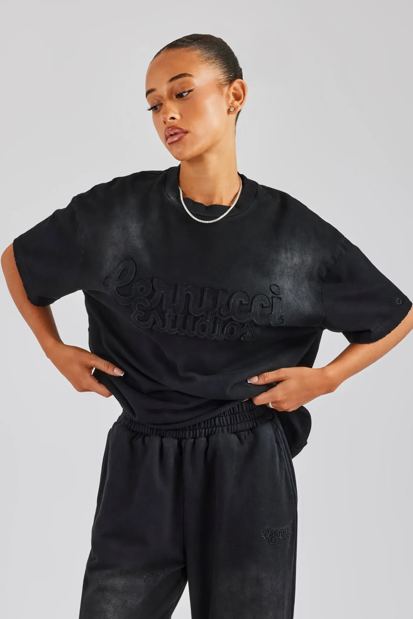 Women CLO-TOP-TEE Washed Embroidered Body T-Shirt - Black
