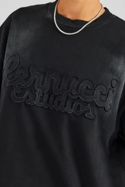 Women CLO-TOP-TEE Washed Embroidered Body T-Shirt - Black