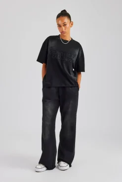 Women CLO-TOP-TEE Washed Embroidered Body T-Shirt - Black