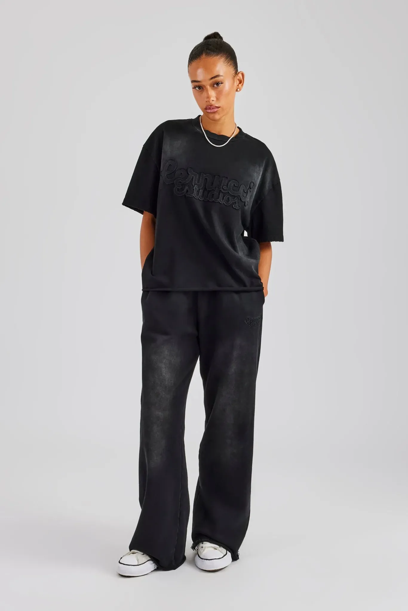 Women CLO-TOP-TEE Washed Embroidered Body T-Shirt - Black
