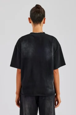 Women CLO-TOP-TEE Washed Embroidered Body T-Shirt - Black