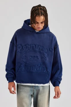 CLO-TOP-HS-HOOD Washed Embroidered Boxy Hoodie - Navy Blue