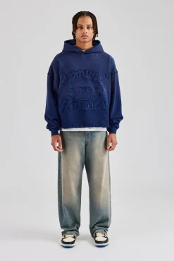 CLO-TOP-HS-HOOD Washed Embroidered Boxy Hoodie - Navy Blue