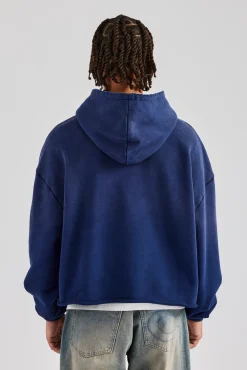 CLO-TOP-HS-HOOD Washed Embroidered Boxy Hoodie - Navy Blue
