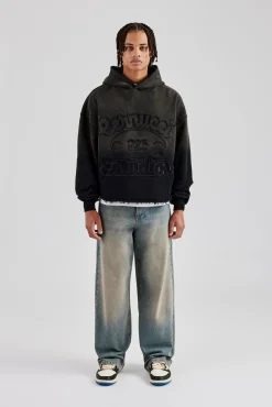 CLO-TOP-HS-HOOD Washed Embroidered Boxy Hoodie - Black
