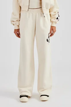 Women CLO-BOT-TRO Washed Layered Applique Wide Leg Jogger - Off White