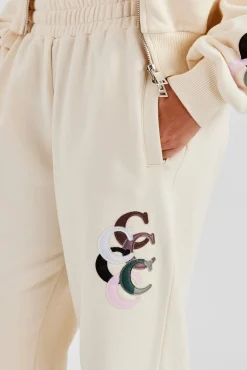 Women CLO-BOT-TRO Washed Layered Applique Wide Leg Jogger - Off White