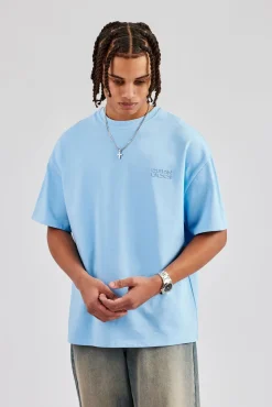 CLO-TOP-TEE Washed Logo Boxy T-Shirt - Light Blue