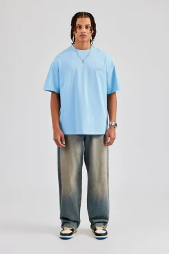 CLO-TOP-TEE Washed Logo Boxy T-Shirt - Light Blue