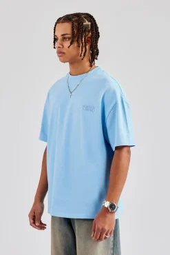 CLO-TOP-TEE Washed Logo Boxy T-Shirt - Light Blue