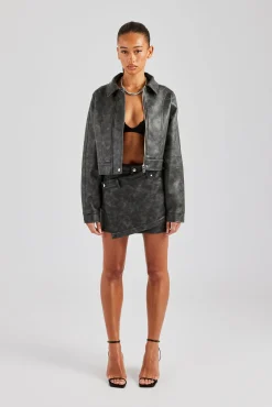 Women CLO-SET Washed Oversized PU Jacket & Mini Skirt - Charcoal
