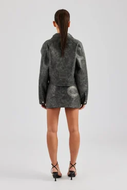 Women CLO-SET Washed Oversized PU Jacket & Mini Skirt - Charcoal
