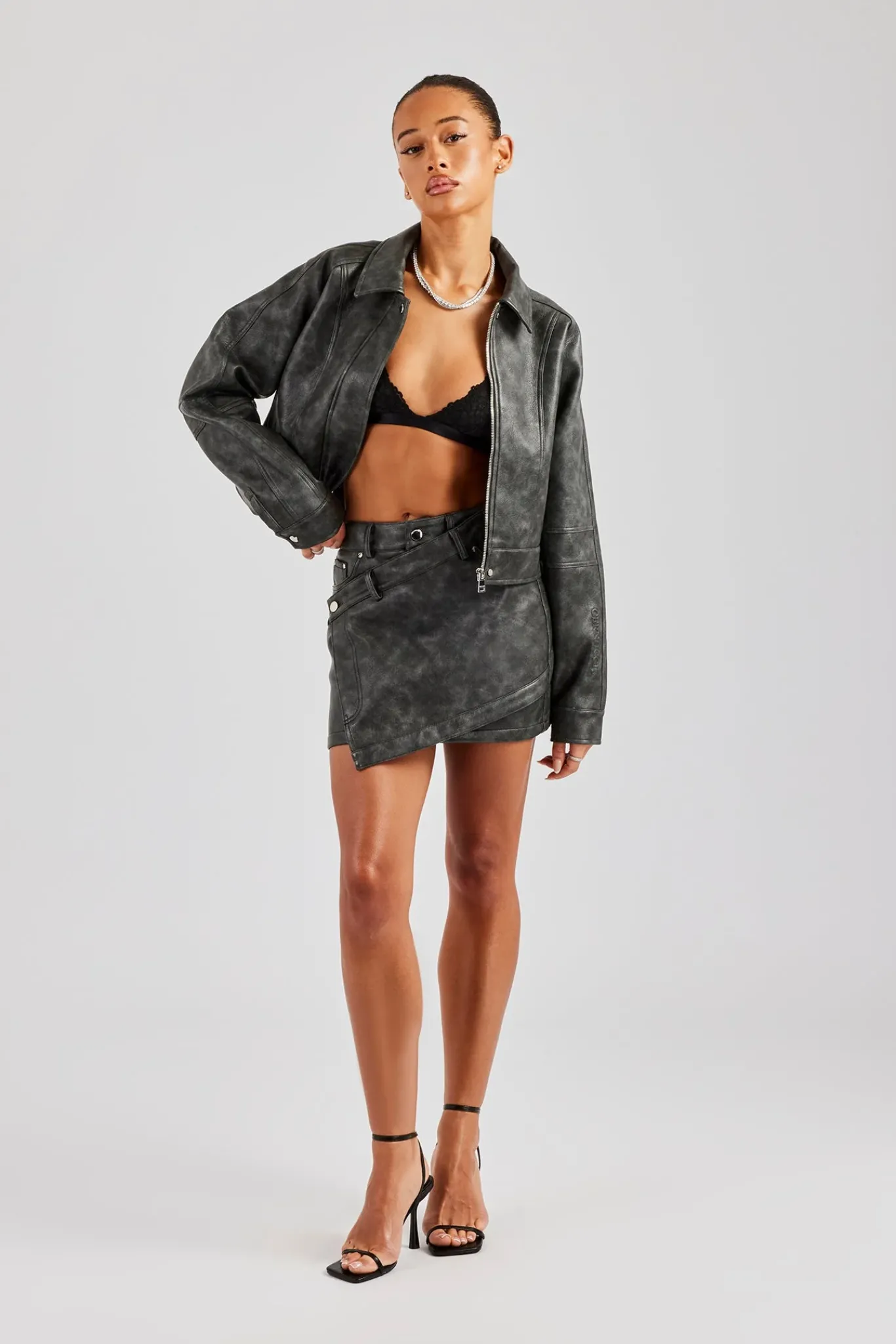 Women CLO-SET Washed Oversized PU Jacket & Mini Skirt - Charcoal