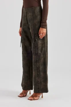 Women CLO-BOT-TRO Washed PU Lace Up Detail Trouser - Brown
