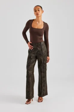 Women CLO-BOT-TRO Washed PU Lace Up Detail Trouser - Brown