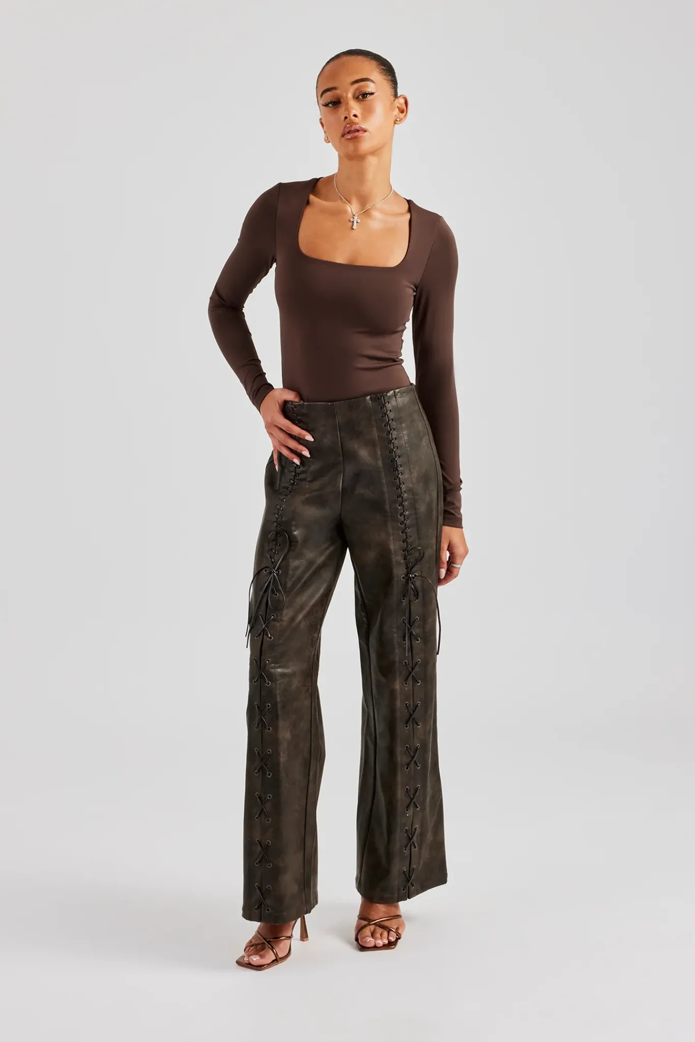 Women CLO-BOT-TRO Washed PU Lace Up Detail Trouser - Brown