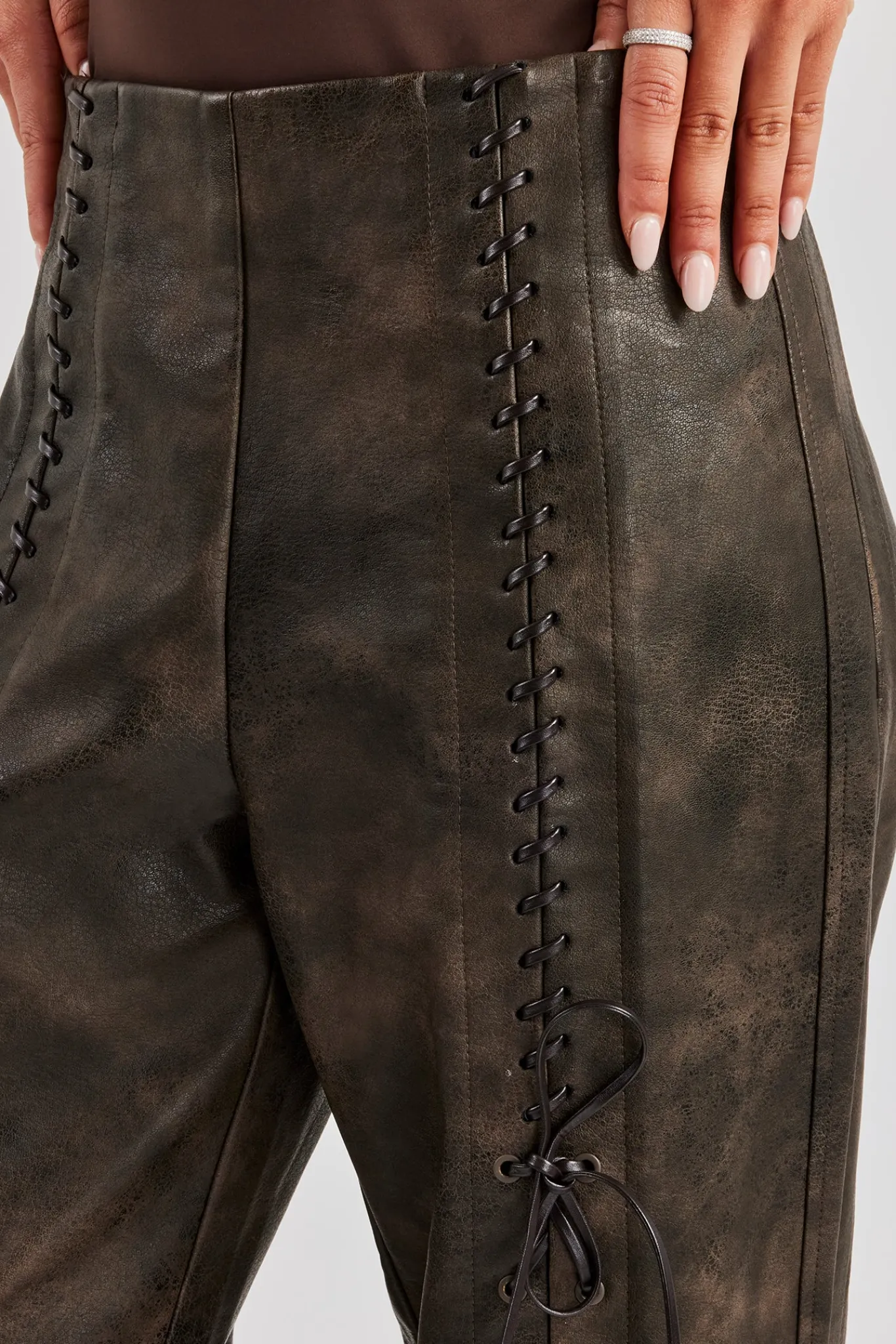 Women CLO-BOT-TRO Washed PU Lace Up Detail Trouser - Brown