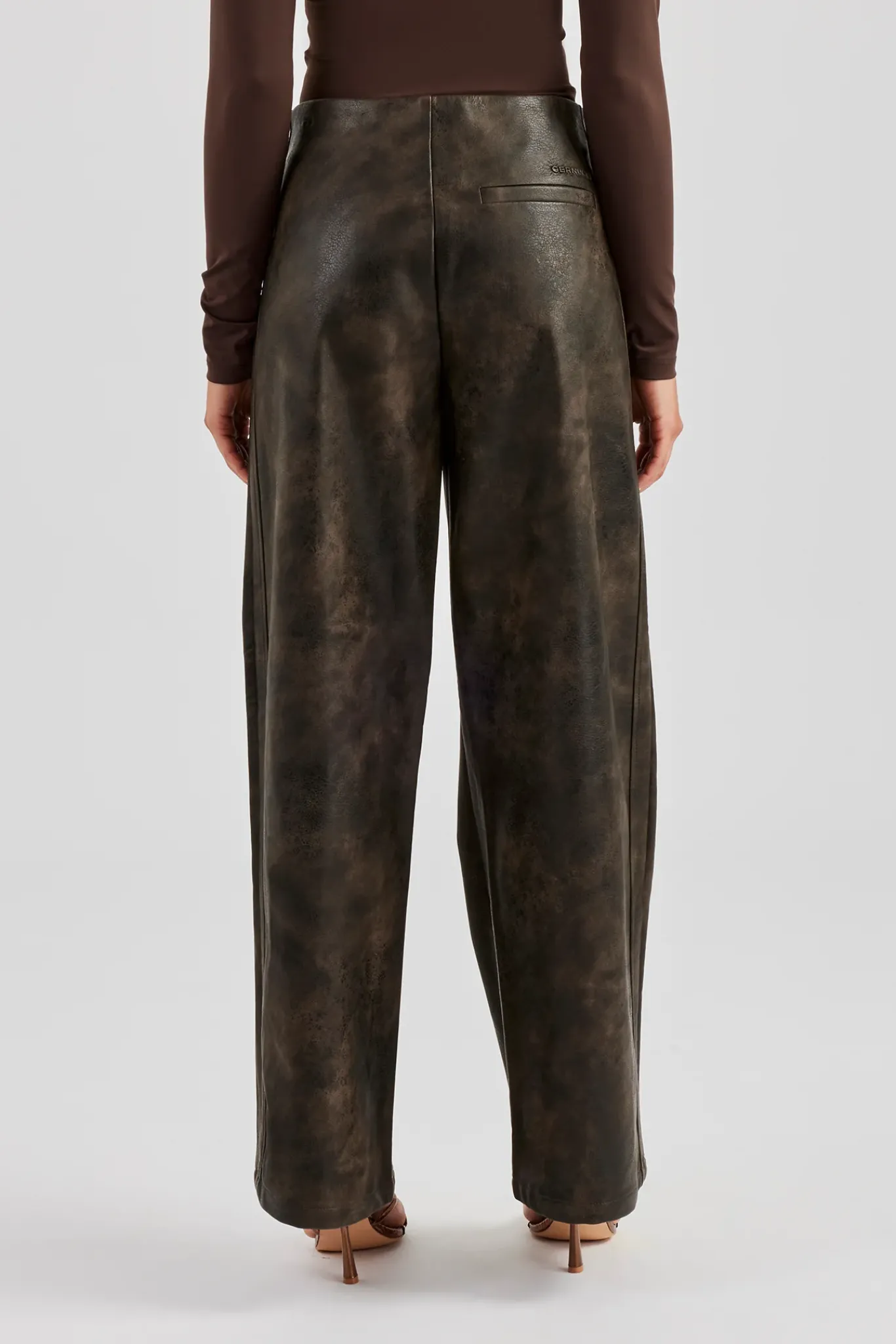 Women CLO-BOT-TRO Washed PU Lace Up Detail Trouser - Brown