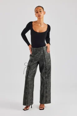 Women CLO-BOT-TRO Washed PU Lace Up Detail Trouser - Charcoal