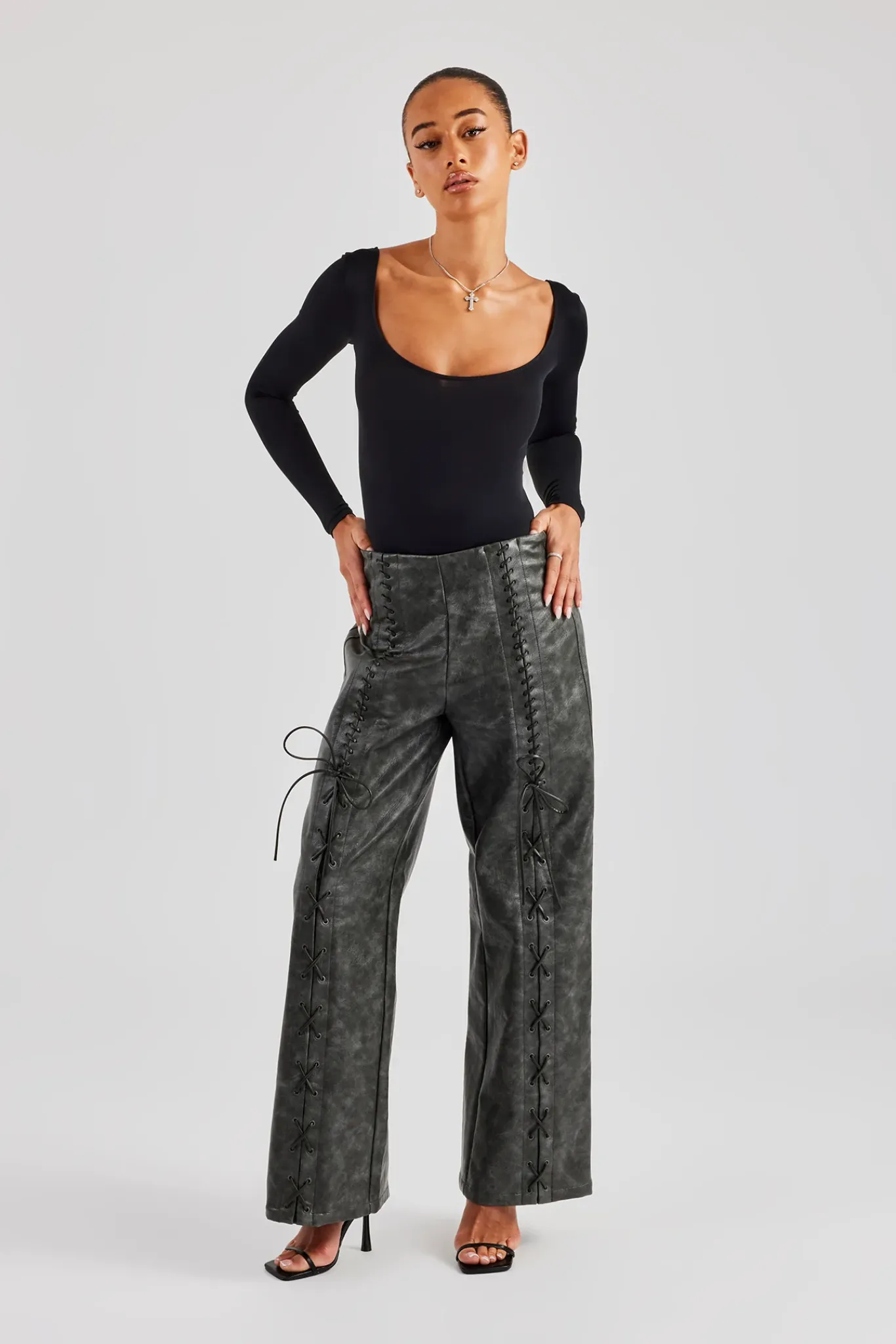 Women CLO-BOT-TRO Washed PU Lace Up Detail Trouser - Charcoal