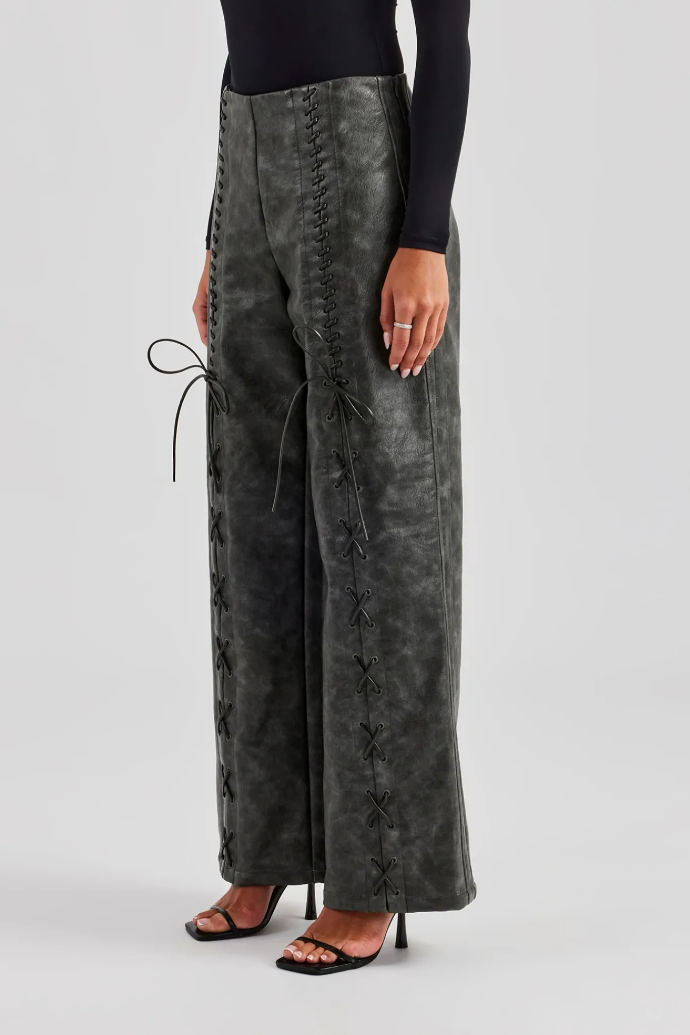 Women CLO-BOT-TRO Washed PU Lace Up Detail Trouser - Charcoal