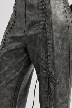 Women CLO-BOT-TRO Washed PU Lace Up Detail Trouser - Charcoal