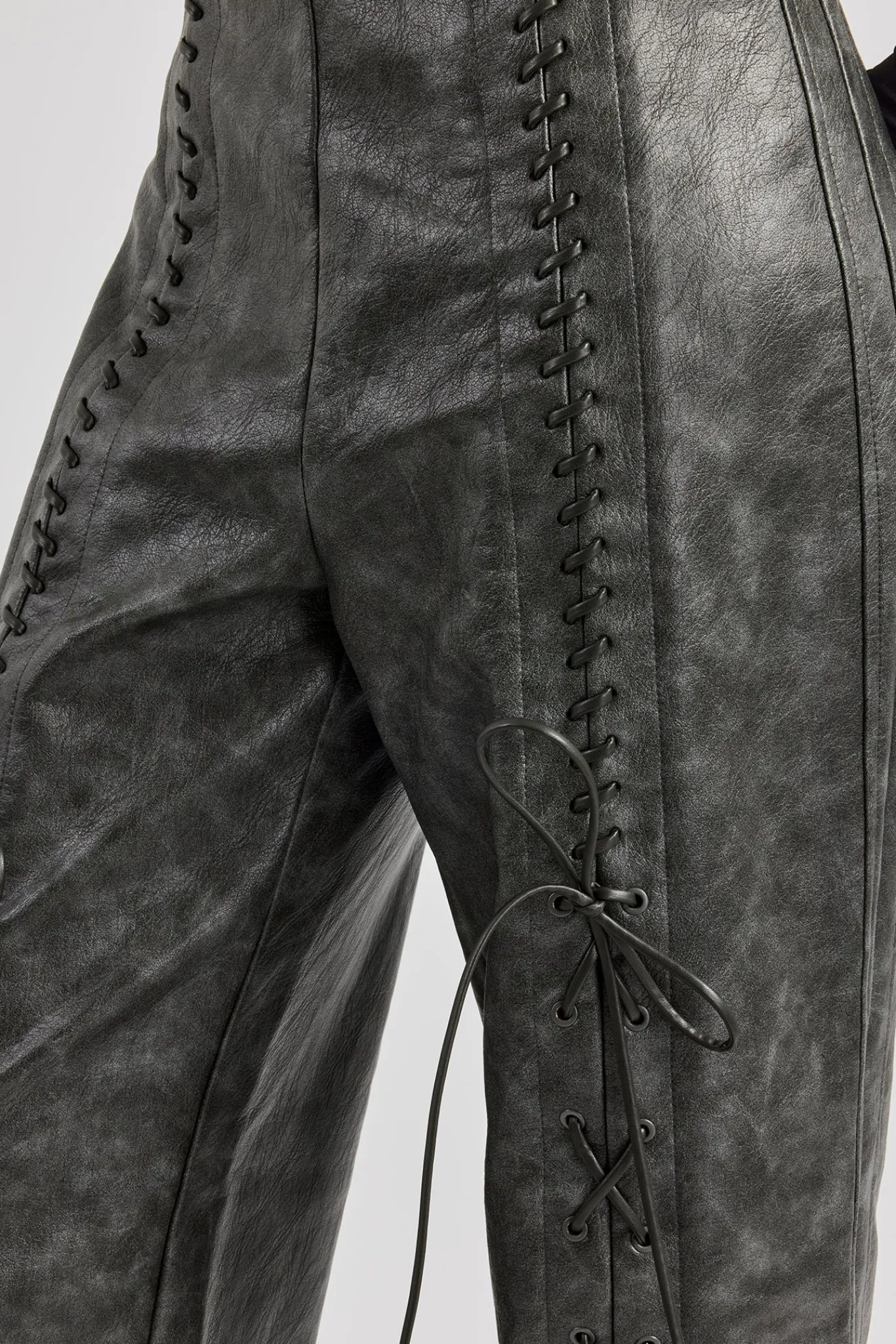 Women CLO-BOT-TRO Washed PU Lace Up Detail Trouser - Charcoal