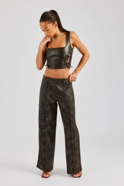 Women CLO-SET Washed PU Square Neck Top & Lace Up Trouser - Brown