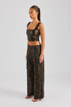 Women CLO-SET Washed PU Square Neck Top & Lace Up Trouser - Brown