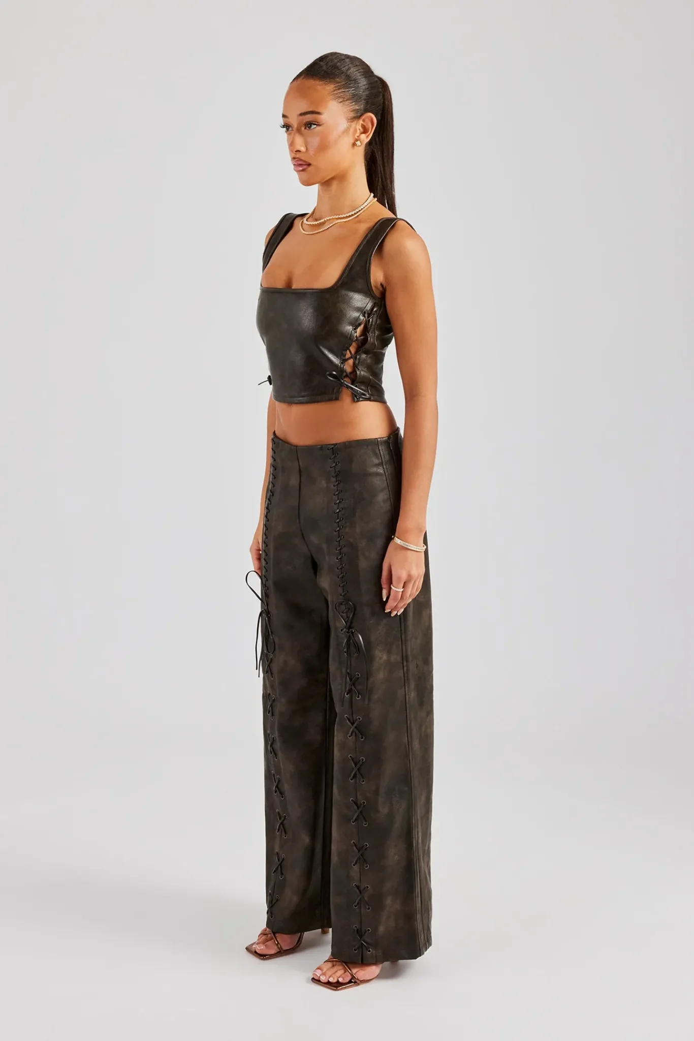 Women CLO-SET Washed PU Square Neck Top & Lace Up Trouser - Brown
