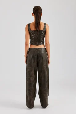 Women CLO-SET Washed PU Square Neck Top & Lace Up Trouser - Brown