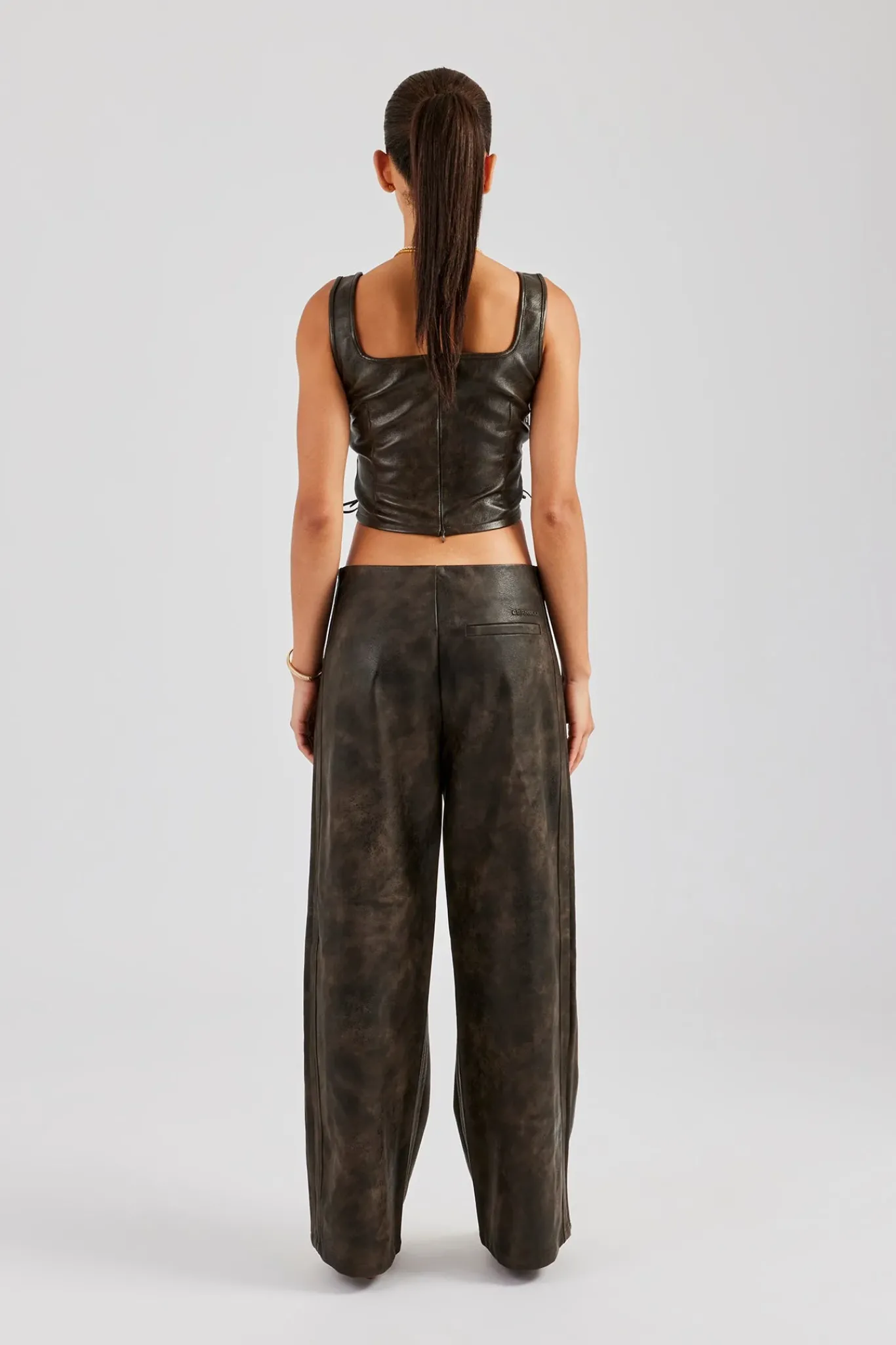 Women CLO-SET Washed PU Square Neck Top & Lace Up Trouser - Brown