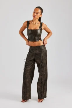 Women CLO-SET Washed PU Square Neck Top & Lace Up Trouser - Brown