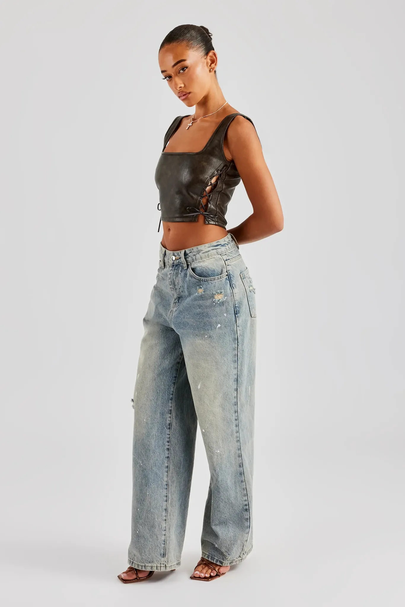 Women CLO-TOP Washed PU Square Neck Top - Brown