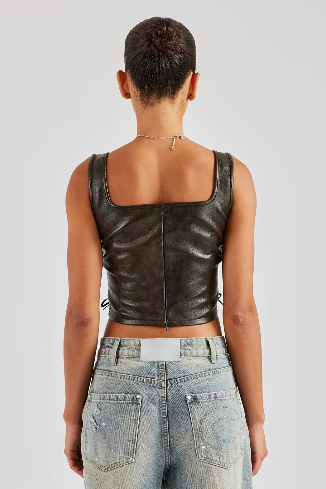 Women CLO-TOP Washed PU Square Neck Top - Brown