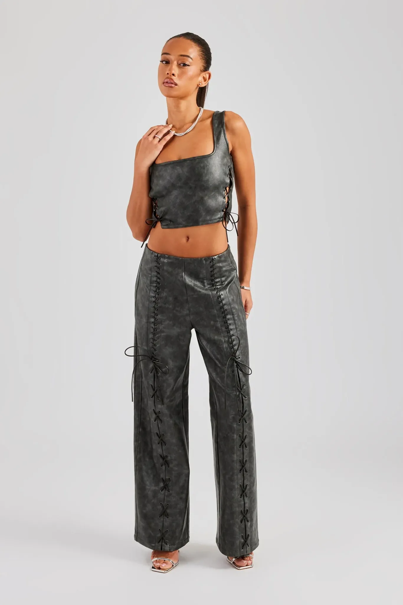 Women CLO-SET Washed PU Square Neck Top & Lace Up Trouser - Charcoal