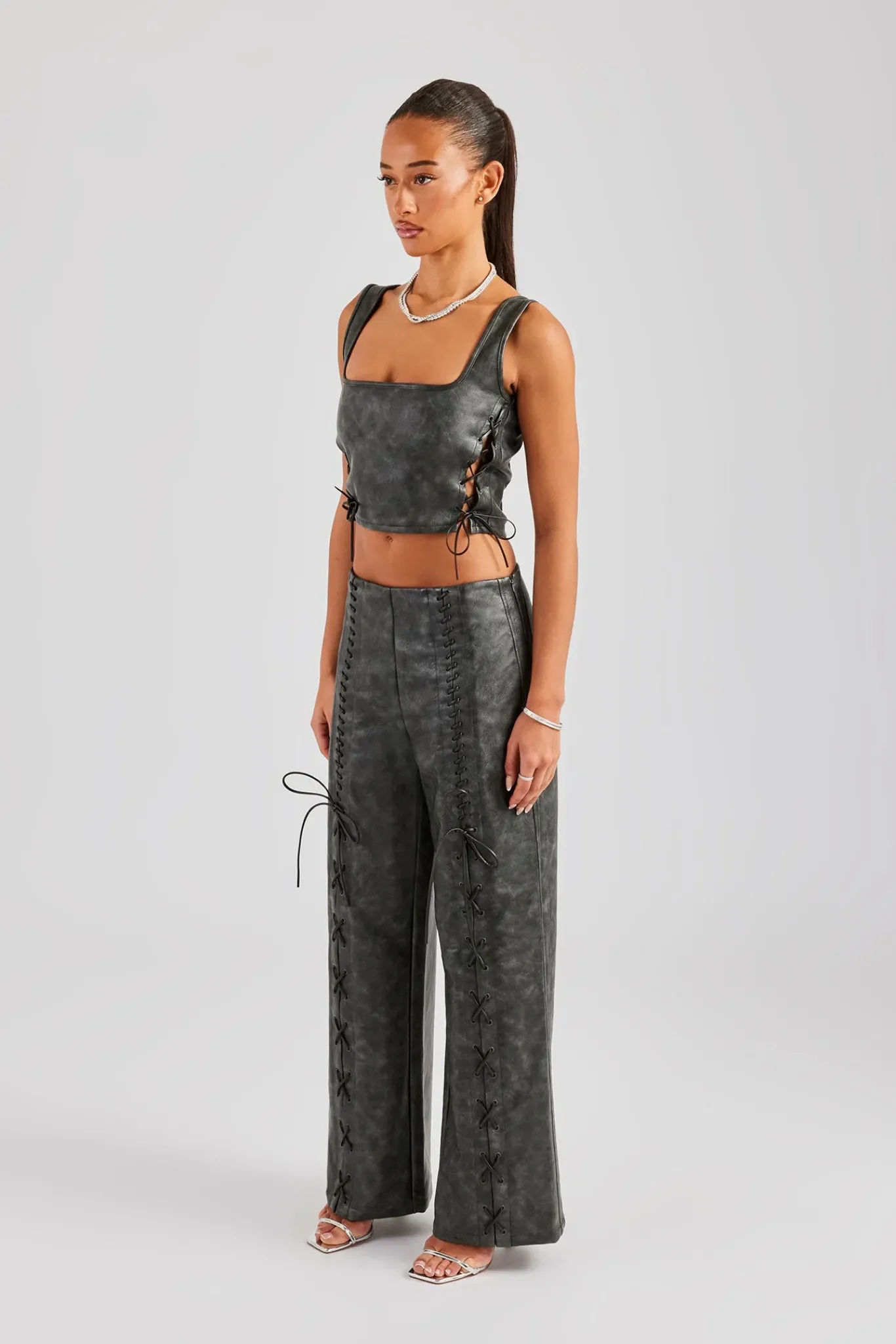 Women CLO-SET Washed PU Square Neck Top & Lace Up Trouser - Charcoal