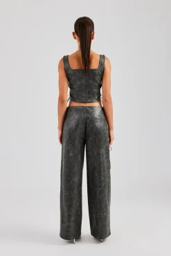 Women CLO-SET Washed PU Square Neck Top & Lace Up Trouser - Charcoal