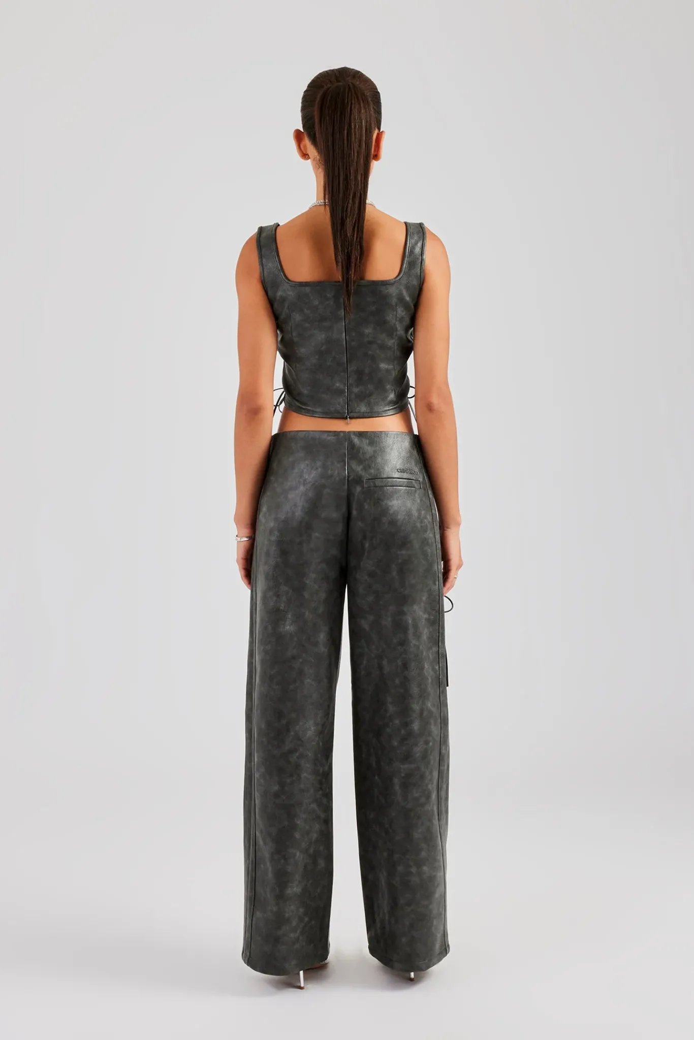 Women CLO-SET Washed PU Square Neck Top & Lace Up Trouser - Charcoal