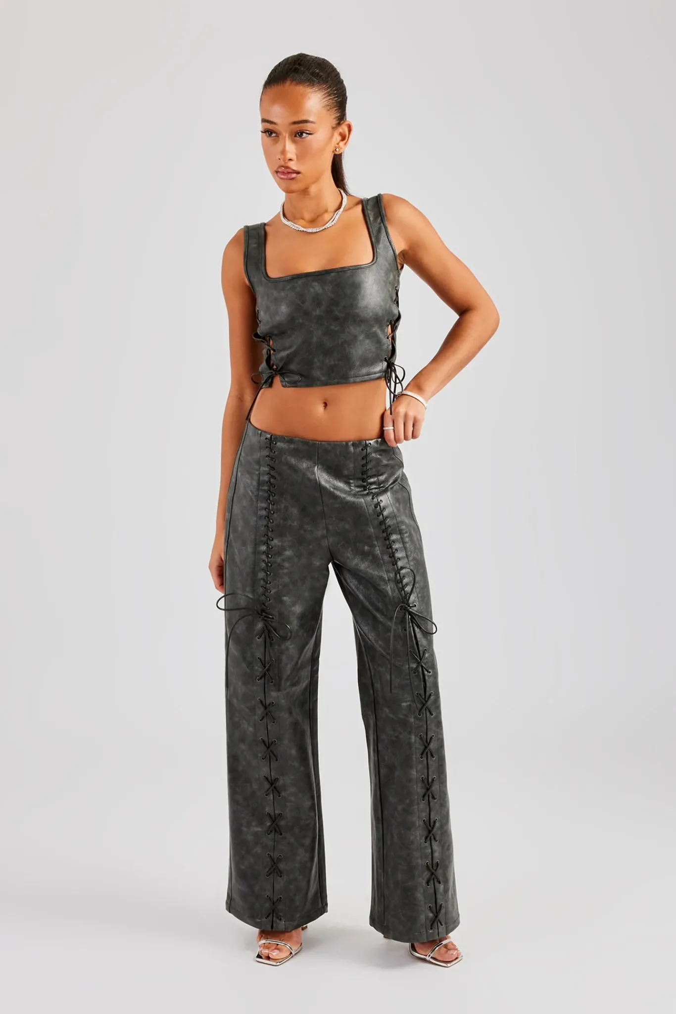 Women CLO-SET Washed PU Square Neck Top & Lace Up Trouser - Charcoal
