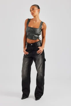 Women CLO-TOP Washed PU Square Neck Top - Charcoal