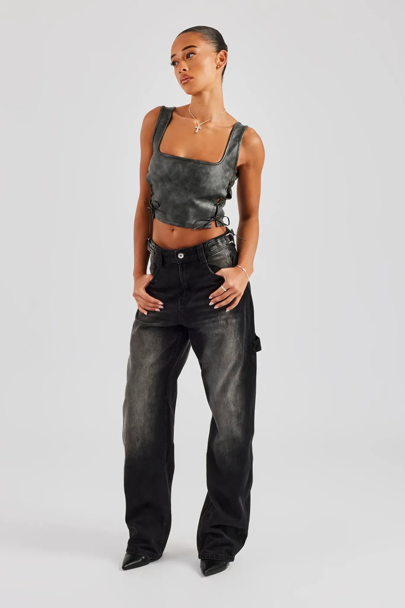 Women CLO-TOP Washed PU Square Neck Top - Charcoal