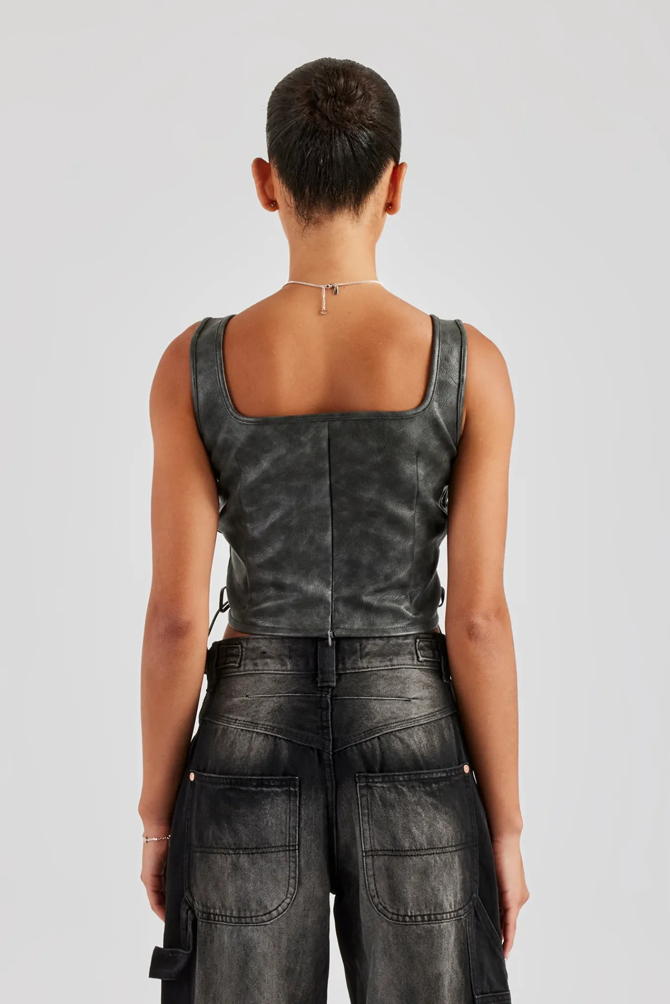 Women CLO-TOP Washed PU Square Neck Top - Charcoal