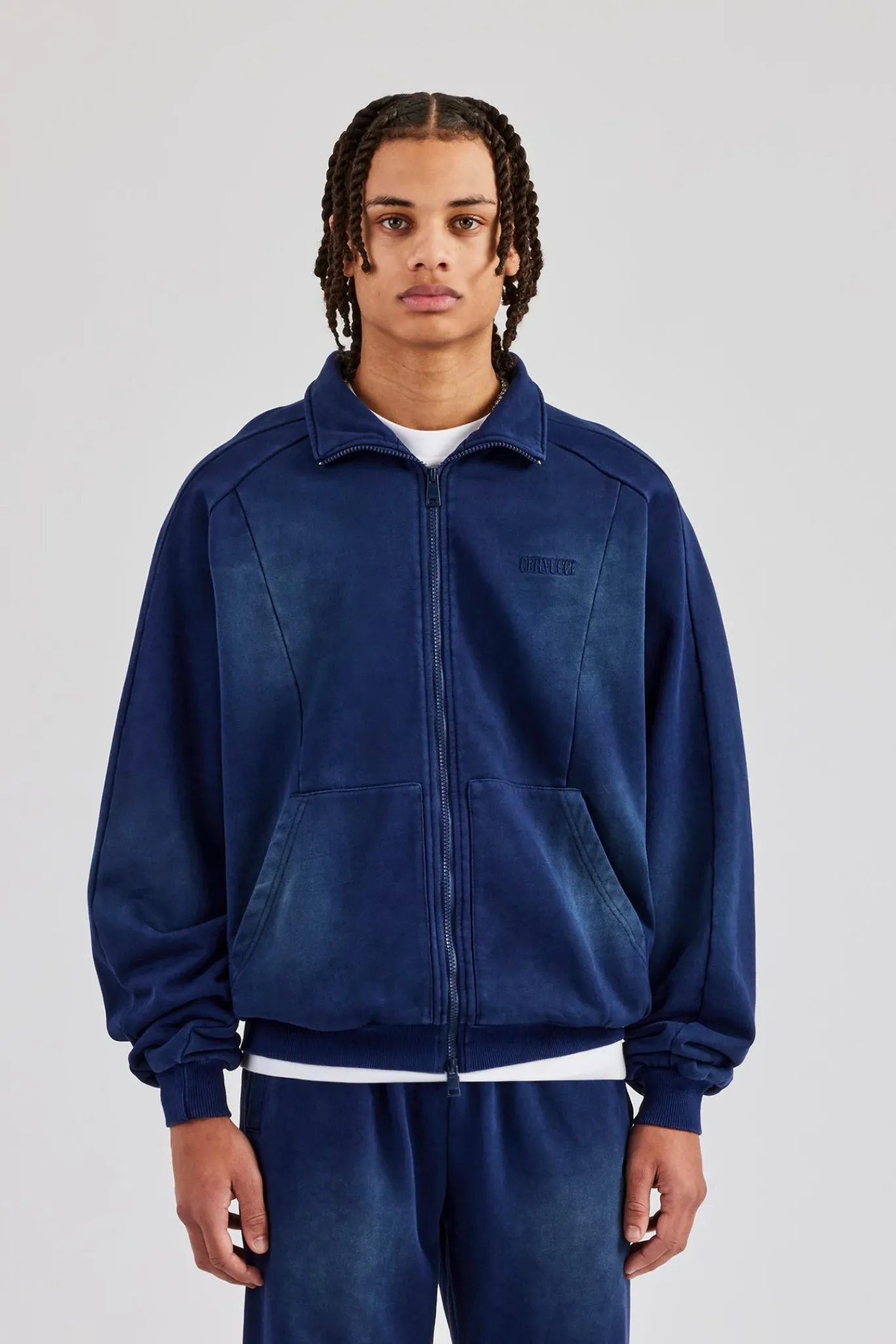 CLO-TOP-HS-HOOD Washed Raglan Seam Detail Zip Through Hoodie - Navy Blue